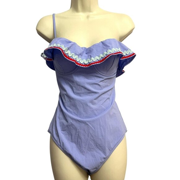 J Crew Swimsuit Womens 8 Purple Seersucker Ruffle One Piece Removable Straps NWT - Picture 1 of 12